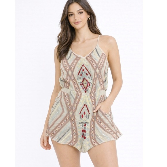 Parker Pants - Parker Romper Womens Small White Sequin Silk Geometric Boho Festival